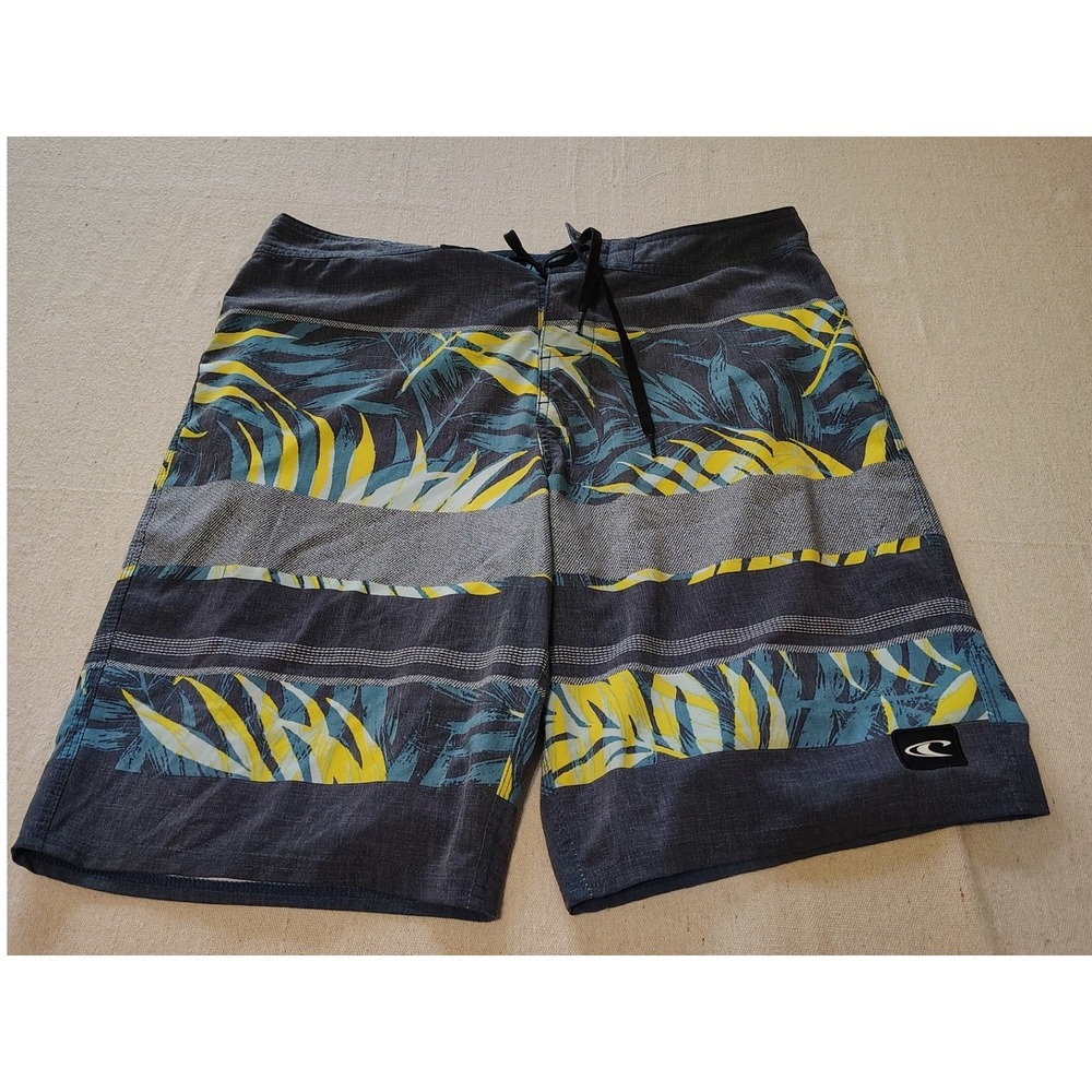 ONeill Mens Board Shorts Size 34 Gray Yellow Tropical Palm Print Swim Trunks 24